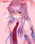  :d animal_ears arm_at_side asuzemu bangs blush breasts bunny_ears collared_shirt commentary_request eyebrows_visible_through_hair hair_between_eyes heart highres long_hair looking_at_viewer medium_breasts necktie open_mouth pink_background purple_hair red_eyes red_neckwear reisen_udongein_inaba shiny shiny_hair shirt short_sleeves simple_background smile solo touhou upper_body very_long_hair wing_collar 