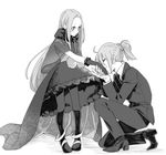  bad_id bad_pixiv_id black_gloves black_legwear blush capelet chacha_(fate/grand_order) con_potata dress fate/grand_order fate_(series) formal fujimaru_ritsuka_(female) gloves greyscale hair_ornament hair_scrunchie hand_kiss kiss monochrome multiple_girls necktie one_knee pantyhose ponytail scrunchie suit yuri 