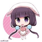  :d apron artist_name bangs blend_s blunt_bangs blush chibi commentary commentary_request dress elbow_gloves eyebrows_visible_through_hair frilled_apron frills full_body gloves hair_bobbles hair_ornament hand_on_own_face head_scarf long_hair looking_at_viewer low_twintails noai_nioshi open_mouth pink_dress puffy_short_sleeves puffy_sleeves purple_eyes purple_hair sakuranomiya_maika short_sleeves smile solo standing stile_uniform striped striped_background tareme thighhighs twintails very_long_hair waist_apron waitress white_apron white_gloves zettai_ryouiki 