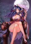  ;) bangs bare_shoulders black_hair blunt_bangs breasts chinese_clothes cleavage commentary crossed_legs detached_sleeves earrings elf etidekailo fan folding_fan full_moon hair_rings high_heels holding holding_fan jewelry large_breasts long_hair looking_at_viewer moon one_eye_closed original pointy_ears sitting smile solo thighs throne wide_sleeves yellow_eyes 