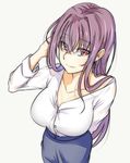  absurdres alternate_costume casual earrings fate/grand_order fate_(series) highres jewelry long_hair looking_at_viewer purple_eyes purple_hair scathach_(fate)_(all) scathach_(fate/grand_order) simple_background skirt smile solo tetsu_(excalibur920) white_background 