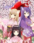  :d :o ahoge animal_ears bangs blunt_bangs blush brown_eyes cherry_blossoms commentary_request eyebrows_visible_through_hair fang floral_print fox_ears hair_between_eyes hair_ribbon highres holding holding_umbrella japanese_clothes kimono konohana_kitan light_brown_hair long_hair long_sleeves looking_at_viewer multiple_girls obi open_mouth oriental_umbrella outstretched_arms parted_lips petals pink_kimono print_kimono purple_hair purple_kimono red_kimono red_ribbon red_umbrella ribbon ryoutan sakura_(konohana_kitan) sash satsuki_(konohana_kitan) smile spread_arms umbrella very_long_hair wide_sleeves yuzu_(konohana_kitan) 