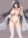  bangs bikini black_hair blush breasts closed_mouth collarbone commentary_request covered_nipples cowboy_shot cum cum_on_body cum_on_breasts cum_on_lower_body cum_on_upper_body etidekailo flower girls_frontline groin hair_flower hair_ornament hairband large_breasts long_hair looking_at_viewer navel pubic_hair pubic_hair_peek qbz-95_(girls_frontline) see-through shawl smile solo stomach swimsuit thighhighs very_long_hair wet wet_clothes wet_swimsuit white_bikini white_hairband white_legwear yellow_eyes 