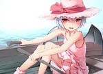  bare_arms bat_wings blue_hair boat bow chen_bin chinese commentary_request day dress fang hat hat_bow holding looking_at_viewer outdoors pink_dress pink_hat pink_legwear red_bow red_eyes remilia_scarlet rowboat rowing short_hair sitting sleeveless sleeveless_dress smile socks solo touhou water watercraft wings 