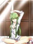  bangs breasts c.c. cleavage code_geass green_hair long_hair mask mask_removed medium_breasts meimi_k sitting solo stretch yellow_eyes 