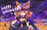  animal_ears bat breasts candy cleavage commentary ears_through_headwear fang fate/extra fate/grand_order fate_(series) food fox_ears gloves halloween halloween_costume happy_halloween hat highres jack-o'-lantern large_breasts lollipop long_hair nattsume_(pantsuhead) open_mouth pink_hair pumpkin solo tamamo_(fate)_(all) tamamo_no_mae_(fate) witch witch_hat yellow_eyes 