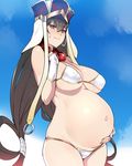 ban bare_shoulders beads bikini bikini_bottom black_hair breasts cloud commentary_request day earrings fate/grand_order fate_(series) gloves hair_rings hat highres hoop_earrings jewelry large_breasts long_hair looking_down navel necklace prayer_beads pregnant red_eyes sky solo swimsuit xuanzang_(fate/grand_order) 