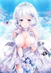  aircraft airplane azur_lane bangs bare_shoulders blue_eyes blue_sky blush bouquet breasts bridal_veil choker cleavage cloud collarbone commentary day dress elbow_gloves flower garana garter_straps gloves hair_flower hair_ornament highres illustrious_(azur_lane) large_breasts long_hair looking_at_viewer low_twintails mole mole_under_eye open_mouth petals rigging rose sky smile solo thighhighs tiara twintails veil white_dress white_flower white_gloves white_hair white_legwear white_rose 
