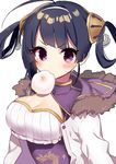  ahoge azur_lane bangs baozi black_hair blush breasts closed_mouth commentary_request eyebrows_visible_through_hair food food_in_mouth fur_trim hair_rings large_breasts looking_at_viewer manio md5_mismatch mouth_hold ning_hai_(azur_lane) purple_eyes sidelocks simple_background solo sweatdrop tsurime upper_body white_background 