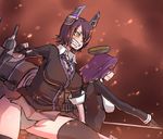  black_legwear breasts brown_eyes checkered checkered_neckwear gloves grin hair_over_one_eye kantai_collection large_breasts long_sleeves mechanical_halo multiple_girls necktie panties partly_fingerless_gloves purple_eyes purple_hair short_hair smile tatsuta_(kantai_collection) tenryuu_(kantai_collection) thighhighs underwear warumono_tomii 