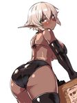  ass bangs black_bra black_legwear black_panties blush bra breasts closed_mouth commentary_request dark_elf dark_skin de-chan_(lolicept) elf eyebrows_visible_through_hair from_behind grey_hair large_breasts leaning_forward lolicept original panties pointy_ears short_hair solo standing thighhighs underwear white_background yellow_eyes 