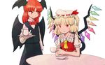  bat_wings blonde_hair commentary_request crystal cup fang_out flandre_scarlet hat head_wings koakuma long_hair meimaru_inuchiyo mob_cap multiple_girls neck_ribbon plate red_eyes red_hair ribbon short_hair side_ponytail slit_pupils smile table teacup teapot touhou wings 