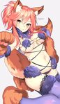  :3 absurdres animal_ears black_panties blush bow breasts cat_paws cosplay cross-laced_clothes dangerous_beast dated elbow_gloves eyebrows fangs fate/grand_order fate_(series) fox_ears fox_tail fur-trimmed_gloves fur-trimmed_legwear fur_collar fur_trim gloves highres hips lace-trimmed_legwear long_hair mash_kyrielight mash_kyrielight_(cosplay) medium_breasts navel nebusoku o-ring panties paws pink_bow pink_hair ponytail purple_gloves purple_legwear revealing_clothes sidelocks simple_background smile solo tail tamamo_(fate)_(all) tamamo_cat_(fate) thighs twitter_username underwear yellow_eyes 
