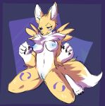  abstract_background blue_eyes blue_nipples blue_pussy breasts chest_tuft digimon female fur kneeling looking_down navel nipples nostars nude pussy renamon sketch solo tuft white_fur yellow_fur 