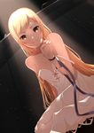  akuan_(7jackpot7) bangs bare_shoulders blonde_hair dress dutch_angle highres kiss-shot_acerola-orion_heart-under-blade kizumonogatari light_rays long_hair looking_at_viewer monogatari_(series) pointy_ears ribbon solo strap_slip swept_bangs white_dress yellow_eyes 