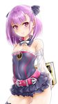  arms_behind_back bare_shoulders blush book chi_gura-ya commentary_request detached_sleeves fate/grand_order fate_(series) flat_chest helena_blavatsky_(fate/grand_order) highres holding holding_book looking_at_viewer panties pantyshot pantyshot_(standing) purple_eyes purple_hair short_hair simple_background smile solo standing strapless thighhighs underwear white_background white_sleeves 