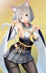  adapted_costume animal_ears azur_lane bangs black_legwear blue_eyes blush breasts cat_ears cat_tail commentary_request contrapposto cowboy_shot detached_sleeves eyebrows_visible_through_hair eyes_visible_through_hair grey_hair grey_skirt hair_over_one_eye hamakaze_(kantai_collection) hands_up kantai_collection large_breasts looking_at_viewer obi open_mouth pantyhose paw_pose pleated_skirt ribbon-trimmed_sleeves ribbon_trim sash short_hair silver_hair sin_(kami148) skirt sleeveless solo standing tail teeth thighs 