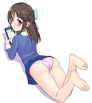  :t ass bare_legs barefoot blue_bow blue_shirt blue_skirt blush bow closed_mouth commentary_request embarrassed eyebrows_visible_through_hair feet foreshortening from_behind full_body hair_bow half_updo highres holding idolmaster idolmaster_cinderella_girls legs_up long_hair long_sleeves looking_at_viewer looking_back lying miniskirt on_stomach panties pantyshot pantyshot_(lying) pink_panties pout sakurano_yukke shirt simple_background skirt soles solo tablet_pc tachibana_arisu tareme the_pose trefoil underwear upskirt white_background 