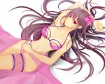  armpits bikini breasts cleavage fate/grand_order fate_(series) flower hair_flower hair_ornament highres large_breasts long_hair looking_at_viewer lying navel on_back purple_bikini purple_hair red_eyes scathach_(fate)_(all) scathach_(swimsuit_assassin)_(fate) smile solo swimsuit tetsu_(excalibur920) very_long_hair 