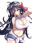  black_hair blush breasts cleavage cleavage_cutout closed_mouth denim denim_shorts earrings eyebrows fingerless_gloves gloves goggles goggles_on_head heart heart-shaped_pupils heart_earrings jewelry large_breasts long_hair looking_at_viewer maplestory maplestory_2 navel o_yat peachy_(maplestory_2) pink_eyes red_gloves shorts smile solo symbol-shaped_pupils thong twitter_username 