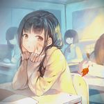  :&lt; autumn_leaves bangs black_hair book brown_eyes chair chin_rest classroom closed_mouth commentary_request desk eyebrows_visible_through_hair faceless highres indoors long_sleeves looking_to_the_side multiple_girls open_book original school_desk sibyl sitting sleeping sleeves_past_wrists solo_focus sunlight sweater 