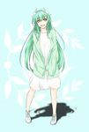  :d alternate_costume aqua_hair breasts casual dress fate/grand_order fate_(series) highres horns kiyohime_(fate/grand_order) long_hair medium_breasts open_mouth shoes smile sneakers solo teeth tetsu_(excalibur920) yellow_eyes 
