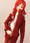  commentary_request dutch_angle frown grey_background high_collar jacket long_sleeves looking_to_the_side love_live! love_live!_school_idol_project nagareboshi nishikino_maki pants parted_lips purple_eyes red_hair red_jacket red_pants simple_background solo teeth_hold track_jacket track_pants track_suit unzipping 