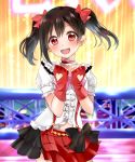  1girl :d black_bow black_hair blurry blurry_background bokura_wa_ima_no_naka_de bow choker earrings eyebrows_visible_through_hair fingerless_gloves floating_hair gloves hair_between_eyes hair_bow heart_cutout highres jewelry kino_xx62 layered_skirt long_hair looking_at_viewer love_live! love_live!_school_idol_project midriff miniskirt multicolored multicolored_clothes multicolored_skirt open_mouth outdoors pink_neckwear red_bow red_eyes red_gloves shiny shiny_hair shirt short_sleeves skirt smile solo standing stomach twintails white_shirt yazawa_nico 