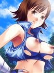  amasa-hikae armpits breasts brown_hair day hand_on_hip kazama_asuka large_breasts md5_mismatch nipples sky solo sweat tekken torn_clothes 