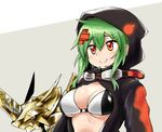  1girl bandai bikini_top black_jacket breasts creature digimon digimon_story:_cyber_sleuth digimon_world_re:digitize female green_hair horns n36hoko shinomiya_rina smile sweater zubaeagermon 