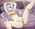 ;&gt; armpits arms_up bikini blush breasts commentary food front-tie_bikini front-tie_top hairband highres idolmaster idolmaster_(classic) imminent_sex kneepits leg_up long_hair lying medium_breasts mouth_hold noodles on_back on_bed one_eye_closed pillow purple_eyes ramen red_hairband shijou_takane silver_hair smile solo spike_wible spread_legs swimsuit underboob 