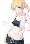  :d arm_at_side ayase_eli blonde_hair blue_eyes breasts character_name cleavage crop_top dated eyebrows_visible_through_hair happy_birthday high_ponytail huanxiang_heitu looking_at_viewer love_live! love_live!_school_idol_project medium_breasts medium_hair midriff navel open_mouth ponytail short_shorts shorts simple_background smile solo towel towel_around_neck weibo_logo weibo_username white_background 