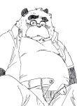  2015 anthro belly blush canine clothed clothing eyewear garouzuki glasses male mammal open_shirt overweight overweight_male pants shirt sitting solo tanuki underwear 