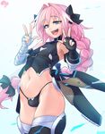  :d arm_belt astolfo_(fate) bandaged_arm bandages bangs bare_shoulders belt belt_collar black_belt black_gloves black_legwear black_panties black_ribbon black_shirt braid bulge collarbone commentary_request cosplay covered_nipples cowboy_shot double_w eyebrows_visible_through_hair fate/apocrypha fate_(series) fingerless_gloves gloves groin hair_between_eyes hair_intakes hair_ribbon halter_top halterneck hands_up jack_the_ripper_(fate/apocrypha) jack_the_ripper_(fate/apocrypha)_(cosplay) krokobyaka long_hair looking_at_viewer male_focus navel open_mouth otoko_no_ko panties pink_hair purple_eyes ribbon scabbard sheath sheathed shirt single_braid single_glove sleeveless sleeveless_shirt smile solo standing stomach thighhighs turtleneck underwear w watermark web_address white_background 