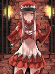  alluring_chief_warden_look bangs breasts candle cleavage elbow_gloves fate/grand_order fate_(series) gloves hat highres holding_whip long_hair looking_at_viewer marionette_(excle) medb_(fate)_(all) medb_(fate/grand_order) medium_breasts midriff skirt solo standing thighhighs whip yellow_eyes 