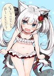  alternate_costume alternate_hairstyle animal_ears arms_at_sides azur_lane bell blue_eyes cat_ears cat_tail clenched_hands flower hair_flower hair_ornament hair_ribbon hammann_(azur_lane) long_hair looking_at_viewer minamura_haruki navel ribbon silver_hair simple_background solo speech_bubble swimsuit tail tail_bell tail_ribbon tears translated twintails 