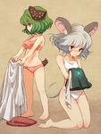  animal_ears bare_shoulders barefoot blush bra breast_envy brown_background clothes_removed full_body glowing gradient gradient_background green_eyes green_hair grey_hair jewelry kasodani_kyouko kneeling looking_at_another midriff mouse_ears mouse_tail multiple_girls navel nazrin necklace panties profile red_eyes short_hair sports_bra sweatdrop tail tears touhou underwear underwear_only urin 