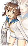  artist_name binoculars blue_sailor_collar brown_eyes brown_hair cowboy_shot dated dress headgear kantai_collection looking_at_viewer neckerchief pallad sailor_collar sailor_dress short_dress short_hair solo upper_teeth yellow_neckwear yukikaze_(kantai_collection) 