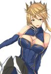 ahoge artoria_pendragon_(all) artoria_pendragon_(lancer) bad_id bad_pixiv_id bare_shoulders blonde_hair breasts commentary_request crown detached_sleeves fate/grand_order fate_(series) fur_trim green_eyes hair_between_eyes large_breasts looking_at_viewer parted_lips sidelocks sitting smile solo upper_body yuuhi_(yuuvi83) 