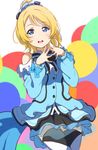  ayase_eli bad_id bad_twitter_id bare_shoulders blonde_hair blue_eyes blush eyebrows_visible_through_hair fingers_together highres icehotmilktea kira-kira_sensation! looking_at_viewer love_live! love_live!_school_idol_project open_mouth ponytail ribbon scrunchie shoulder_cutout skirt solo steepled_fingers thighhighs 