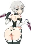  :o ass belt black_belt black_panties bustier dagger dual_wielding facial_scar fate/apocrypha fate_(series) green_eyes holding jack_the_ripper_(fate/apocrypha) looking_at_viewer looking_back panties pussy scar scar_on_cheek short_hair silver_hair simple_background skindentation solo thighhighs thong toshishikisai underwear v-shaped_eyebrows weapon white_background 