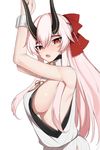  bare_shoulders breasts covered_nipples fang fate/grand_order fate_(series) highres horns k_jin large_breasts long_hair open_mouth pink_hair red_eyes sideboob simple_background solo tears tomoe_gozen_(fate/grand_order) very_long_hair white_background wrist_cuffs 