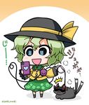 1girl :3 :d black_eyes black_hat bow brown_bow cat cellphone chibi coffee commentary cup eye_reflection flying_sweatdrops frilled_shirt_collar frilled_sleeves frills green_hair green_skirt hair_between_eyes hat hat_ribbon heart heart_of_string holding holding_cup holding_phone kaenbyou_rin kaenbyou_rin_(cat) komeiji_koishi long_sleeves lying multiple_tails noai_nioshi open_mouth phone reflection ribbon shaded_face shadow shirt short_hair skirt smartphone smile spilling standing steam string tail third_eye touhou translated twitter_username two-tone_background two_tails wide_sleeves yellow_ribbon yellow_shirt 