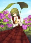  ascot blue_sky day field flower flower_field green_eyes green_hair kazami_yuuka leaf leaf_umbrella long_sleeves looking_at_viewer nature plaid plaid_skirt plaid_vest shirt skirt skirt_set sky smile solo touhou urin vest water_drop white_shirt 