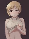  aiba_yumi bangle bare_arms bare_shoulders black_background blonde_hair blush bracelet breasts brown_eyes closed_mouth clothes_lift commentary_request eyebrows_visible_through_hair half-closed_eyes idolmaster idolmaster_cinderella_girls jewelry large_breasts lifted_by_self looking_at_viewer navel no_bra parted_lips pataniito seductive_smile short_hair simple_background sleeveless sleeveless_turtleneck smile solo stomach sweater sweater_lift turtleneck underboob upper_body 