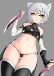  animal_ears bandages bare_shoulders black_legwear black_panties breasts cat_ears covered_nipples dagger dual_wielding fate/apocrypha fate_(series) gloves green_eyes highres holding jack_the_ripper_(fate/apocrypha) kemonomimi_mode knife looking_at_viewer panties pussy_peek scar short_hair silver_hair small_breasts solo suiruu_(yuriusu) thighhighs underwear weapon 