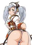  ass bad_anatomy belt blush breasts buckle cameltoe cowboy_shot granblue_fantasy hat large_breasts lifted_by_self long_hair long_sleeves looking_at_viewer looking_back open_mouth silver_hair simple_background skirt skirt_lift solo sophia_(granblue_fantasy) strap sweatdrop twintails white_background yellow_eyes yuugiri 