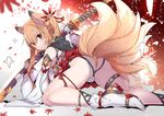  all_fours animal_ears ass detached_sleeves fox_ears fox_tail japanese_clothes katana looking_back miko multiple_tails original red_eyes sketch socks sword tail tajima_ryuushi weapon 