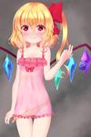  bare_arms bare_shoulders blush bow breasts brown_background chemise cleavage closed_mouth collarbone commentary_request condom_wrapper cowboy_shot eyebrows_visible_through_hair flandre_scarlet gradient gradient_background hair_between_eyes hair_bow heart heart-shaped_pupils highres long_hair looking_at_viewer motion_lines naughty_face nose_blush one_side_up orange_panties panties panty_pull pink_chemise polka_dot polka_dot_panties pulled_by_self red_bow see-through siohureiya sleeveless small_breasts smile solo standing symbol-shaped_pupils tareme thigh_strap throwing touhou underwear underwear_only wings 