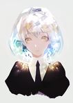  androgynous backlighting black_neckwear black_shirt closed_mouth collared_shirt cropped_torso diamond_(houseki_no_kuni) expressionless eyebrows_visible_through_hair eyelashes gem_uniform_(houseki_no_kuni) grey_background houseki_no_kuni light light_particles looking_at_viewer multicolored_hair necktie nido_celisius puffy_short_sleeves puffy_sleeves sanpaku shirt short_hair short_sleeves simple_background solo upper_body white_hair yellow_eyes 